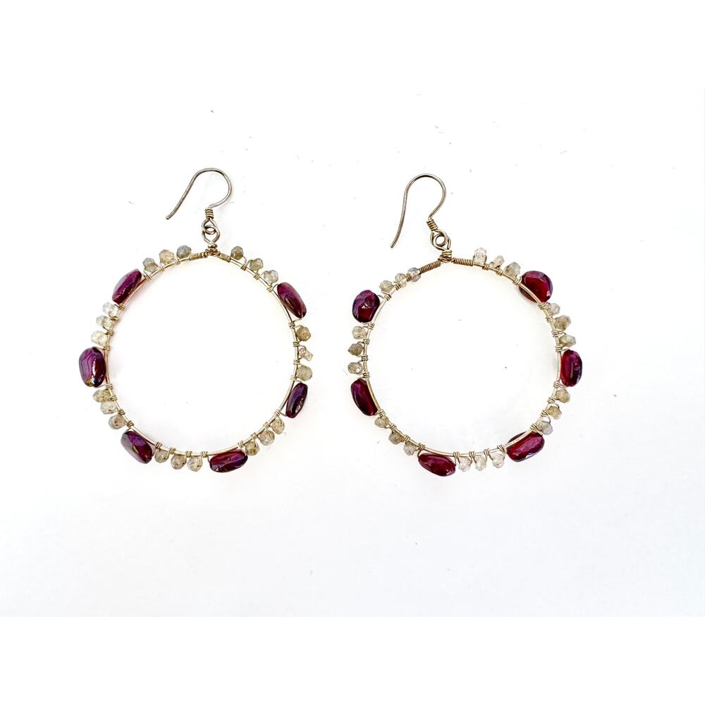 Garnet Labradorite Gemstone Beaded Hoops Sterling 925 Silver Handmade Earrings